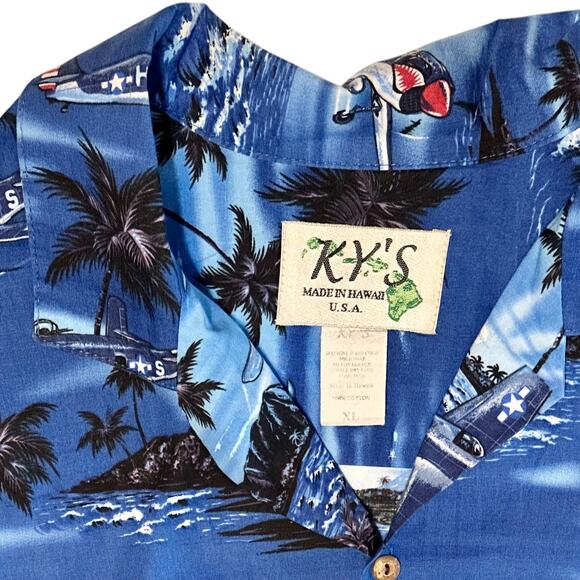 Vintage KY's Blue Hawaiian Shirt Size XL Pacific WWII Planes Short Sleeve Retro - Picture 2 of 7